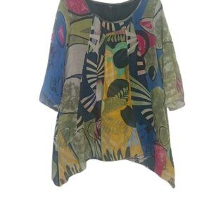 Vintage Shana Womens Tunic Top Green Combo Mixed Media Sharkbite Hem S